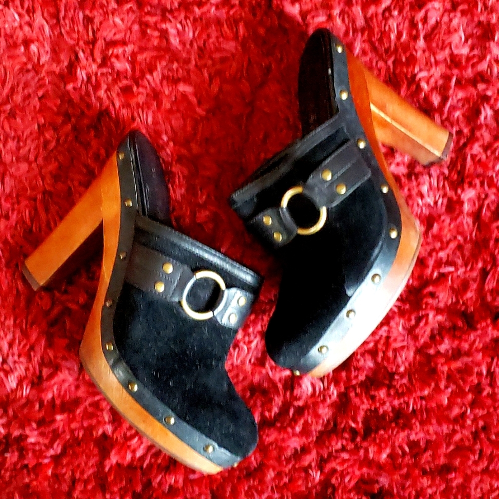 Ralph Lauren Black Suede Mules with Brown Wooden Heels